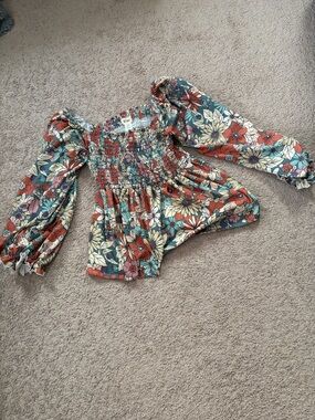 BiBi Floral Smocked Peasant Top in Teal, Rust, Cream